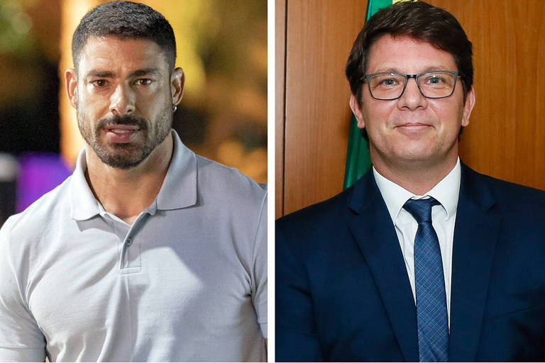 A imagem é dividida em duas partes. À esquerda, um homem com cabelo curto e barba, vestindo uma camiseta cinza, parece estar em um ambiente externo. À direita, um homem com cabelo curto e óculos, vestido com um terno escuro e gravata, está posando em um ambiente interno, com uma bandeira ao fundo.
