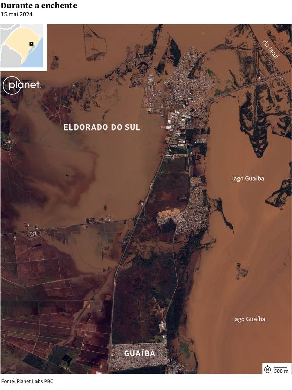 A imagem de satélite mostra a região de Eldorado do Sul, destacando a área durante a cheia. O rio Guaíba é visível, com suas águas se expandindo sobre as áreas adjacentes. A cidade de Eldorado do Sul está localizada na parte superior da imagem, enquanto a parte inferior mostra a área de Guaíba. O fundo é predominantemente marrom, indicando a inundação. A data da imagem é 15 de maio de 2022.