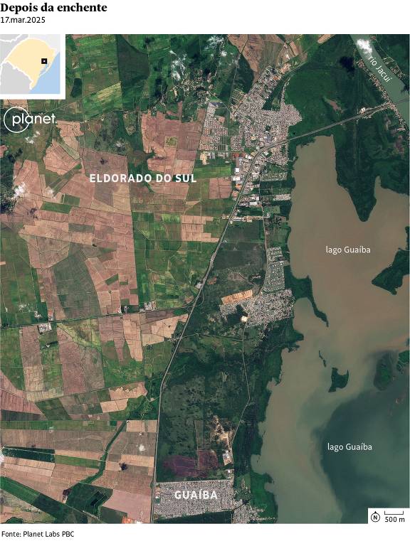 Um mapa aéreo da região de Eldorado do Sul e Guaíba, mostrando áreas agrícolas e a proximidade com o lago Guaíba. O mapa é datado de 17 de março de 2025 e inclui a legenda 'Depois da enchente'. As áreas estão demarcadas com nomes das localidades e a fonte é mencionada como Planet Labs, PBC.