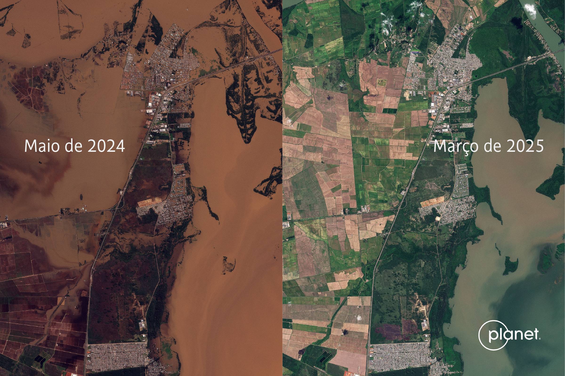 Imagens de satélite mostram devastação de área verde do RS um ano após enchente