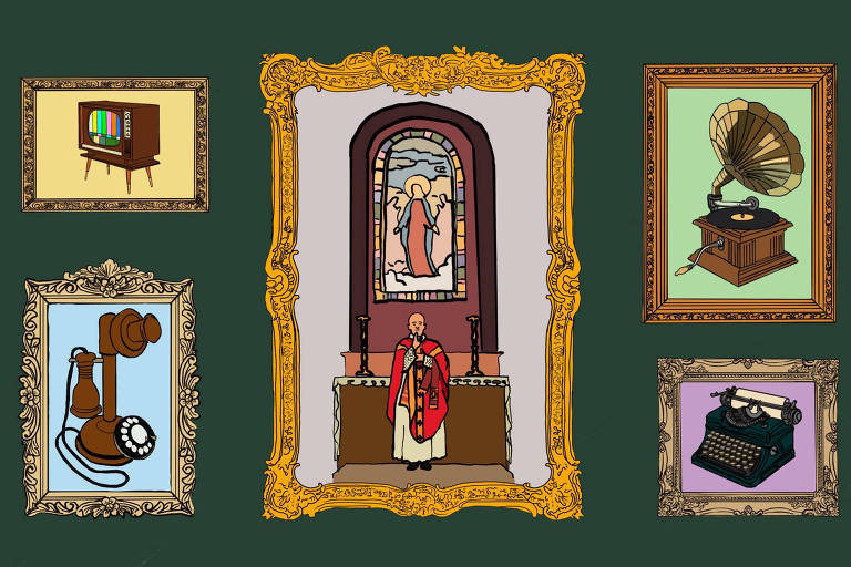 A imagem apresenta uma composição artística com um fundo verde. No centro, há uma grande moldura dourada contendo a figura de um homem vestido com uma túnica vermelha, posicionado em frente a uma janela com vitral. Ao redor, há quatro molduras menores, cada uma contendo um objeto histórico: uma televisão antiga, um gramofone, um telefone de disco e uma máquina de escrever. Os objetos estão dispostos de forma simétrica em relação à figura central.