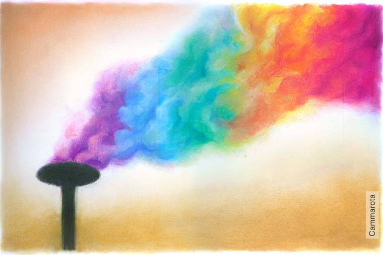 A ilustração de Ricardo Cammarota foi executada em técnica manual, com barras de pastel seco sobre papel branco.  Na horizontal, proporção 13,9cm x 9,1cm, a Ilustração colorida apresenta uma chaminé preta, de formato simples e cilíndrica, está posicionada na parte inferior esquerda da imagem. Dela sai uma grande quantidade de fumaça colorida, que se espalha para a direita, ocupando a maior parte da área superior do quadro. A fumaça é composta por nuvens em tons que transitam do roxo, azul e verde até o amarelo, laranja e rosa, formando uma sequência de cores semelhante a um arco-íris. O fundo é de um tom bege claro, sem elementos adicionais.