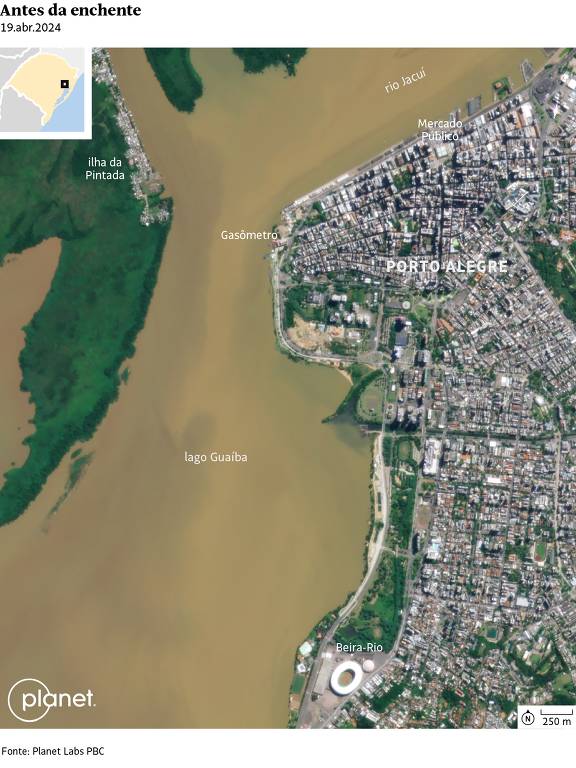 Um mapa da cidade de Porto Alegre, mostrando a área antes de uma enchente. O mapa destaca a localização de pontos como a Ilha das Pedras Brancas e o Lago Guaíba. A imagem é uma representação aérea, com áreas urbanas e corpos d'água visíveis. A legenda indica que a imagem foi feita pela Planet Labs e é datada de 19 de abril de 2024.