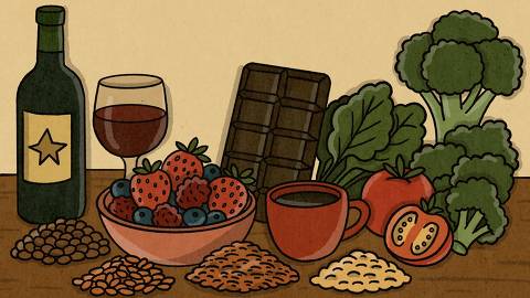 Alimentos como frutas vermelhas, leguminosas, verduras, cacau, café e vinho são ricos em polifenóis, que ajudam no envelhecimento saudável