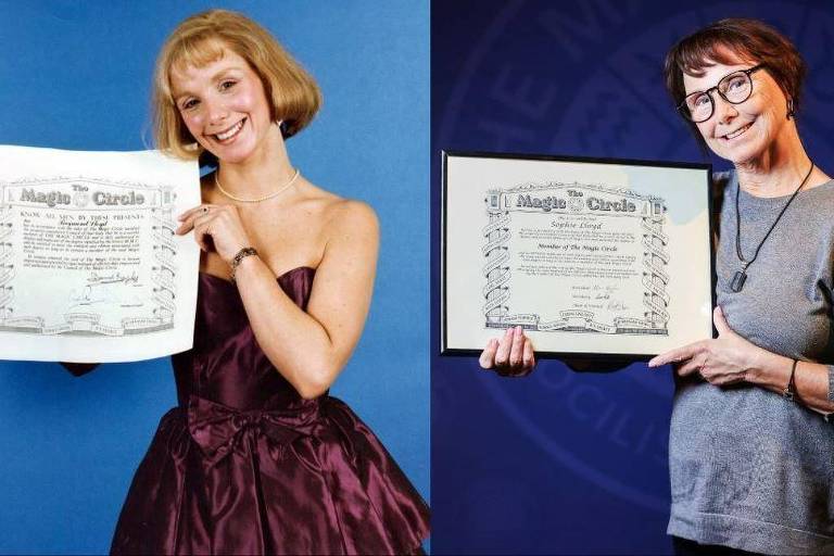 A imagem é dividida em duas partes. À esquerda, uma mulher jovem, sorridente, com cabelo ondulado e vestido de festa, segura um certificado do 'Magic Circle'. À direita, a mesma mulher, agora mais velha, com cabelo curto e óculos, também segurando um certificado semelhante, mas em um ambiente diferente. Ambas as imagens destacam a conquista do mesmo prêmio ao longo do tempo.