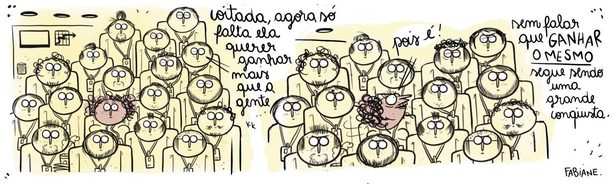 A tira Viver Dói, de Fabiane Langona, publicada em 01/05/25 é composta por dois quadros horizontais. No primeiro, vemos um grupo de pessoas em um ambiente profissional, todas vestindo uma espécie de uniforme junto de seus devidos crachás. O grupo de profissionais é formado majoritariamente por homens, e entre eles vemos uma única mulher. Neste primeiro quadro, nota-se que algum dos colegas fez algum tipo de comentário jocoso na direção da única mulher presente no grupo. No segundo quadro, a cena se repete, porém aqui, a mulher se impõe frente a fala do colega, mostrando-se incomodada. No quadrinho 1, um dos colegas diz:"Coitada, agora só falta ela querer ganhar mais que a gente ..kk" . No quadrinho 2, a mulher responde ao comentário anterior: “Pois é!" "sem falar que GANHAR O MESMO segue sendo uma grande conquista."
