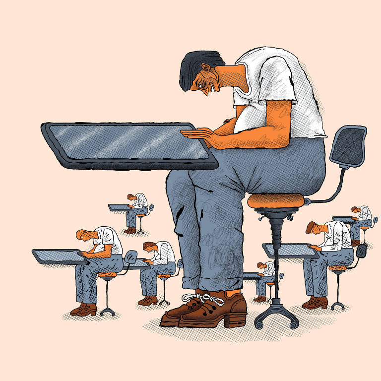 A imagem ilustra um homem sentado em uma cadeira, com a cabeça baixa e apoiada em uma mesa. Ele parece estar em um ambiente de trabalho, cercado por mesas menores e figuras menores que também estão em posições semelhantes, sugerindo um sentimento de cansaço ou desânimo. O fundo é de uma cor clara, destacando a figura central e as menores ao redor.