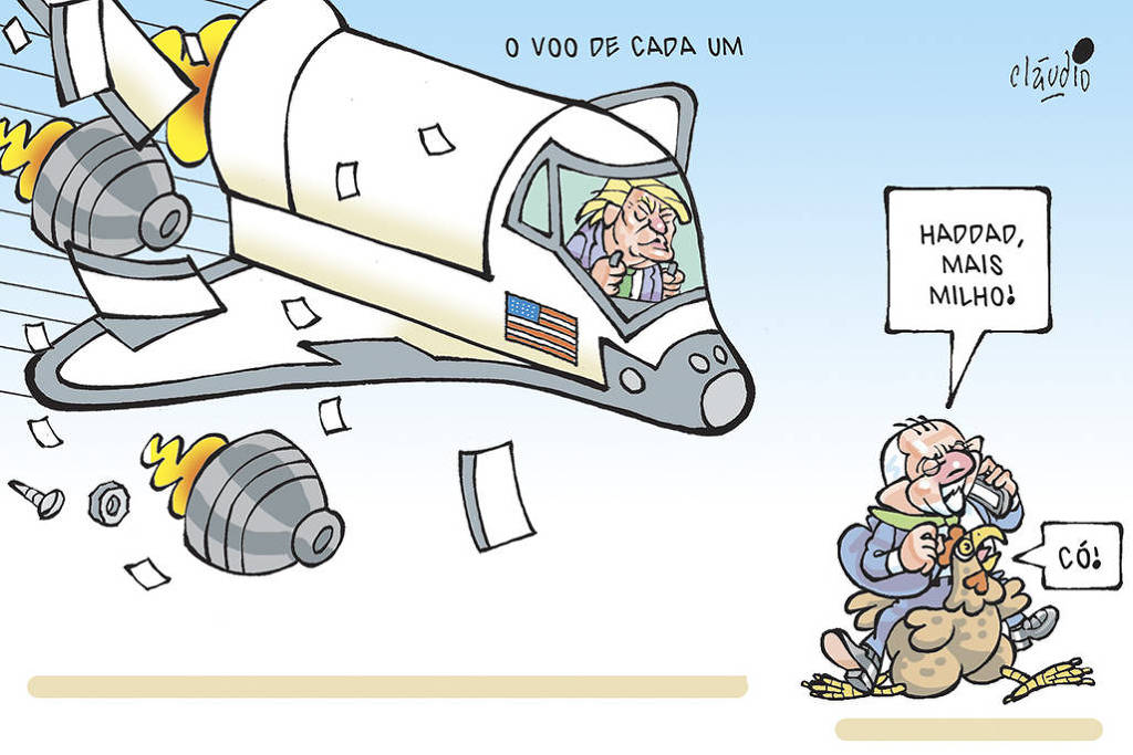 Charge de Cláudio com o título “O voo de cada um” mostra Donald Trump pilotando um ônibus espacial que se desfaz em pedaços enquanto cai vertiginosamente. No chão, Lula cavalga uma galinha que corre. O presidente fala ao celular e ordena: "Haddad, mais milho!".