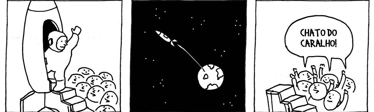 A tira de André Dahmer, publicada em 02.05.2024, tem três quadrinhos. No primeiro, um astronauta em barca em um foguete sob olhar feliz de uma multidão. No segundo quadro, o foguete está indo para o espaço. No terceiro e último quadro, a multidão que assistia feliz ao lançamento do foguete festeja: "Chato do caralho!"