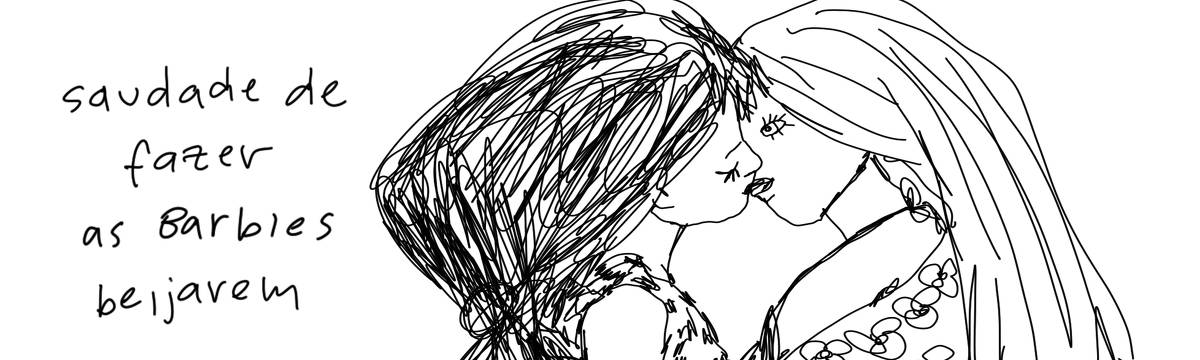 A tirinha em preto e branco de Estela May, publicada em 03/05/25, traz duas barbies se beijando. Ao lado da imagem, “saudade de fazer as Barbies beijarem”.