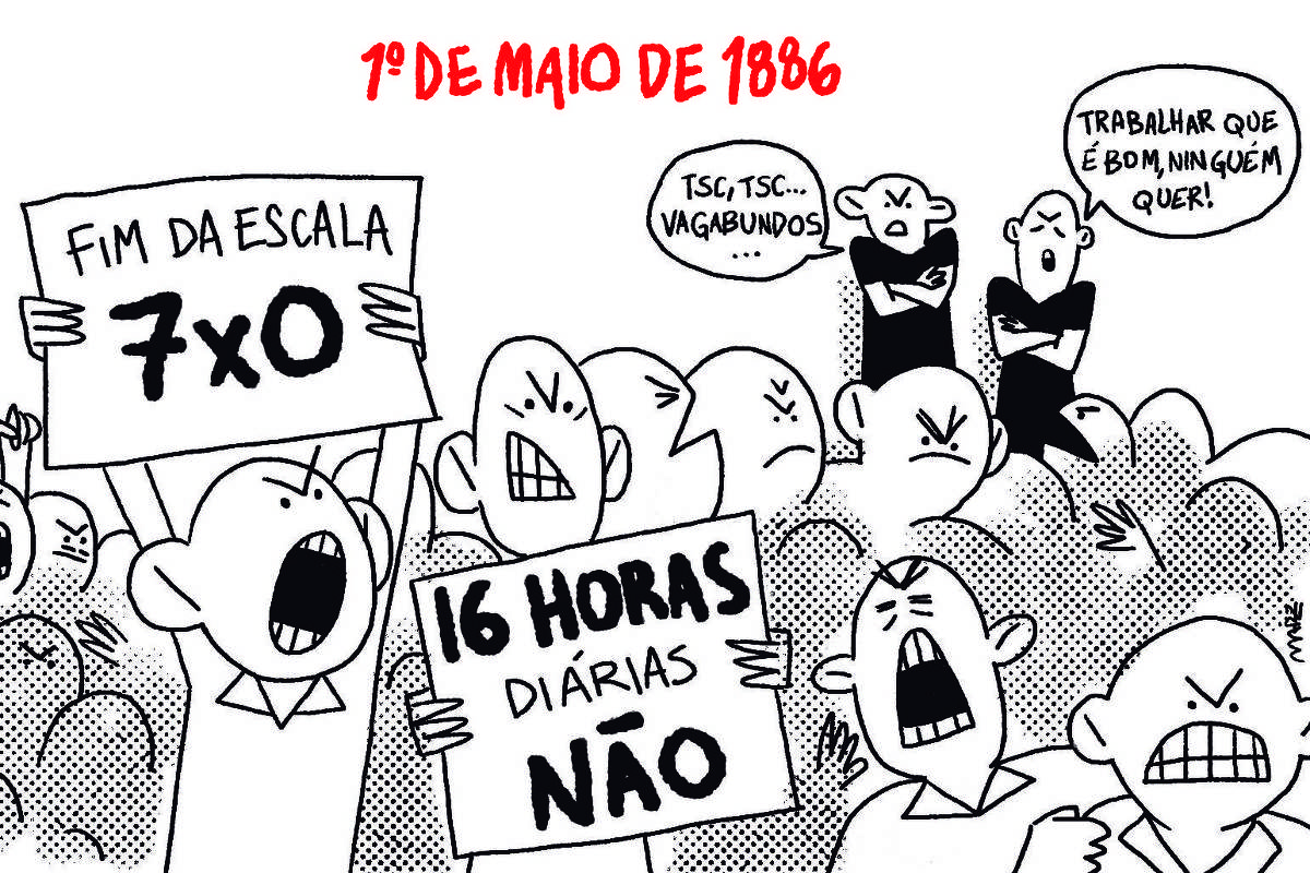 A charge de Marília Marz, publicada no dia 03 de maio, de título "1° de Maio de 1886" mostra um protesto de trabalhadores, onde é possível ver uma multidão enraivecida segurando placas que dizem: "Fim da escala 7x0" e "16 horas diárias NÃO". Ao fundo, uma dupla de pessoas comenta: "tsc, tsc...vagabundos..." e "trabalhar que é bom, ninguém quer!".