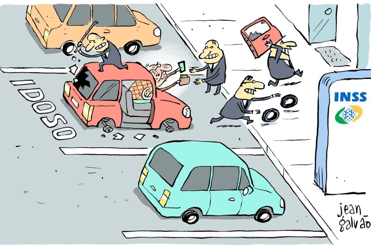 A charge mostra uma cena em uma rua com uma vaga de estacionamento marcada com a palavra “IDOSO”. Um carro vermelho está estacionado nessa vaga, com um senhor idoso sentado no banco do motorista. O carro está sendo completamente desmontado por vários homens de terno e gravata, que têm aparência de políticos ou burocratas.    Um deles está em cima do carro quebrando o para-brisa com um bastão. Outro pega a carteira e o celular do idoso, que estende a mão para fora do carro entregando seu cartão. Mais à frente, um homem leva a porta do carro nas costas, outro corre carregando os dois pneus, e outro ainda corre com partes do veículo em direção ao prédio do INSS, que aparece à direita da imagem com sua logo visível.