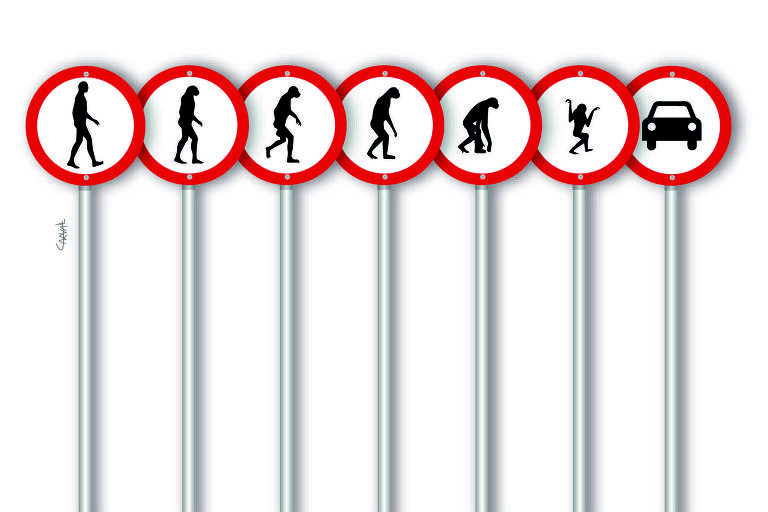 Uma série de placas de trânsito mostra a evolução do homem de forma invertida, começando pelo Homo erectus e terminando em um carro.