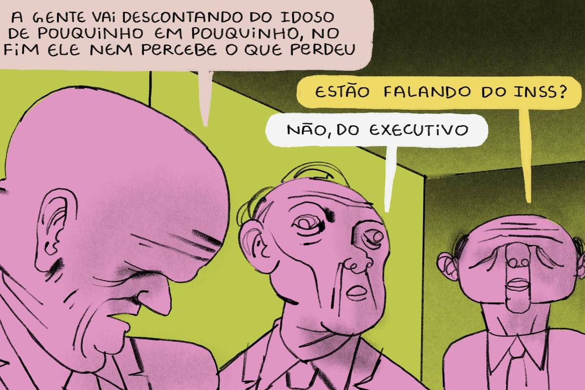 A imagem apresenta uma cena com três personagens. Dois deles têm cabeças grandes e formas exageradas, com expressões sérias. O primeiro personagem à esquerda está com a cabeça baixa e diz 'A gente vai descontando do idoso de pouquinho em pouquinho, no fim ele nem percebe o que perdeu', enquanto o terceiro, no outro canto do quadro, diz 'Estão falando do INSS?' e o do meio, com semblante surpreso, responde 'Não, do executivo'.