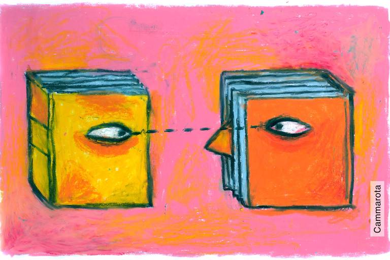 A ilustração de Ricardo Cammarota foi executada em técnica manual, com pastel oleoso sobre papel. Na horizontal, proporção 13,9cm x 9,1cm, a imagem mostra dois livros fechados, um de frente para o outro. O livro à esquerda é amarelo e o da direita é laranja. Ambos têm olhos desenhados em suas capas, e esses olhos se encaram, ligados por uma linha pontilhada preta que sugere o contato visual. No livro da direita, além do olho, há também um triângulo laranja que representa um nariz, dando-lhe a aparência de um rosto. O fundo é todo rosa com leves variações de tom e algumas áreas em laranja.