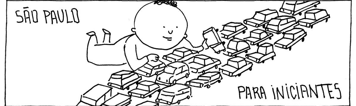 A tira de André Dahmer, publicada em 05.05.2024, tem apenas um quadro. Intitulado "São Paulo para iniciantes", mostra um menino montando uma enorme fila de carrinhos de brinquedo.