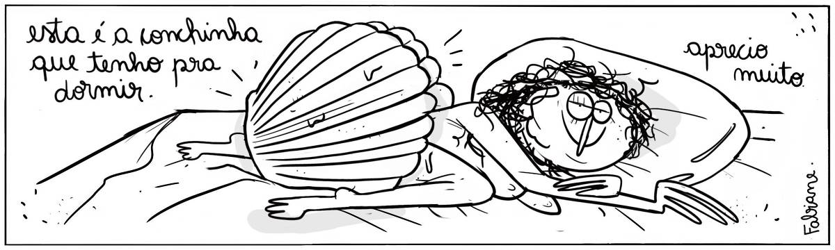 A tira Viver Dói, de Fabiane Langona, publicada em 05/04/25 é composta por um único quadro horizontal. Nela vemos uma mulher deitada confortável e amorosamente na cama, com as pernas entrelaçadas em uma concha gigante. Ela tem cabelos encaracolados, olhos sonolentos e parece estar desfrutando de um momento tranquilo de descanso. No quadrinho 1, a mulher diz: “Esta é conchinha que tenho pra dormir. E aprecio muito.”. 