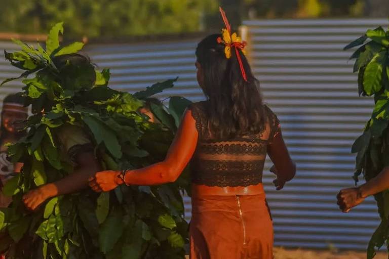 A imagem mostra um grupo de pessoas participando de uma dança tradicional. Algumas delas estão vestidas com folhagens verdes, enquanto uma mulher no centro usa uma blusa preta de renda e uma saia marrom. Ela tem um adereço de flores no cabelo e está segurando a mão de uma das pessoas ao seu lado. Ao fundo, há uma estrutura metálica e a luz do sol ilumina a cena, criando um ambiente festivo.
