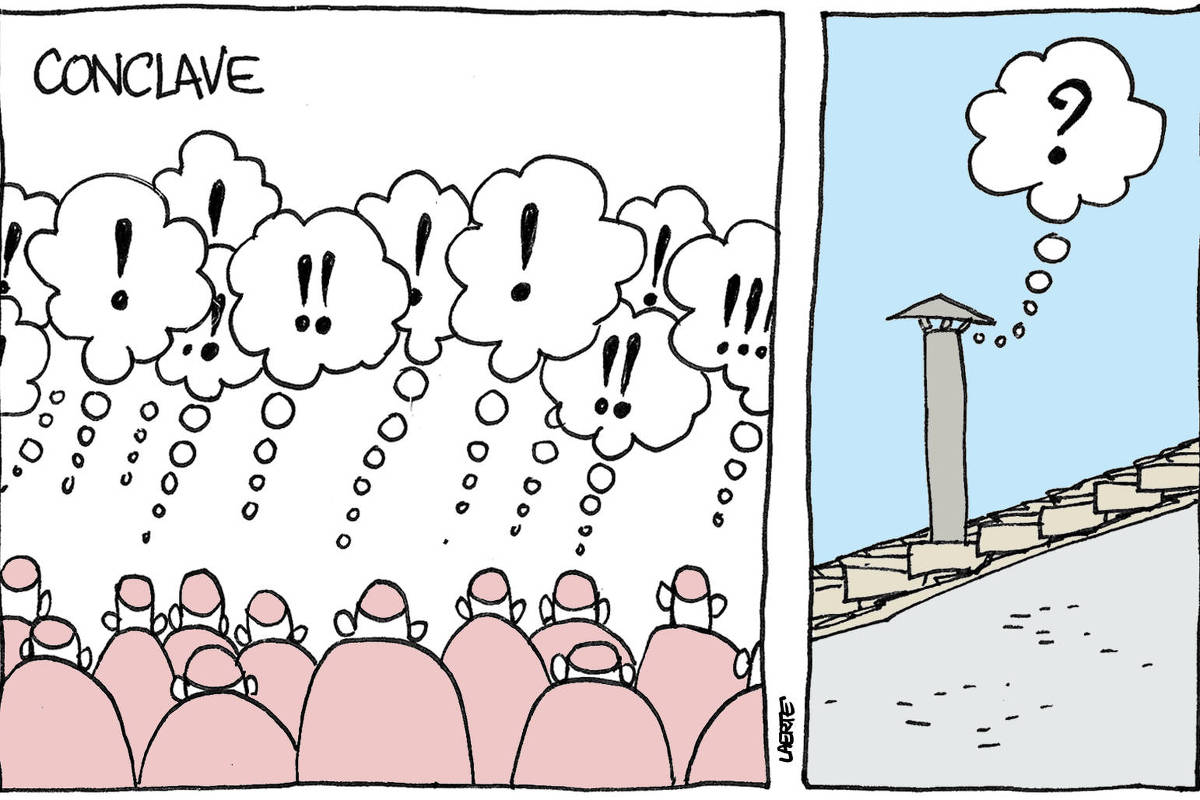 Charge de Laerte, em 2 cenas. 1) Cardeais reunidos, com muitos balões de pensamento, um de cada cabeça. Todos os balões trazem um ponto de exclamação. 2) Chaminé por onde sai a fumaça branca - dela sai um balão de pensamento, com um ponto de interrogação.