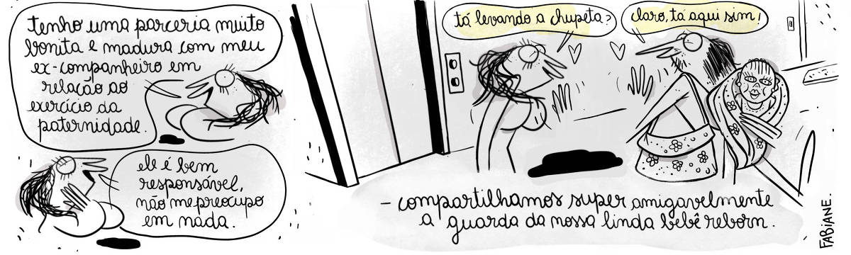 A tira Viver Dói, de Fabiane Langona, publicada em 08/04/25 é composta por um único quadro horizontal dividido em três cenas. A primeira, é dividida em dois momentos. Acima, vemos uma mulher com expressão muito sorridente, ela segue logo abaixo, agora expressando orgulho e segurança. Na segunda, o plano se abre, e vemos a mesma mulher, com um elevador ao fundo no corredor de um prédio. Ela despede-se abanando para um homem que despede-se abanando de volta. Ele caminha carregando uma sacola com estampas fofas e uma boneca bebe reborn no colo enrolada em um cobertorzinho. Ambos mostram-se emotivos.    Na cena 1, a mulher diz: "Tenho uma parceria muito bonita e madura com meu ex-companheiro em relação ao exercício da paternidade.”. // Ele é bem responsável, não me preocupo em nada.    Na cena 2, a mulher pergunta ao homem: “ Tá levando a chupeta?  Enquanto o mesmo responde: “Claro, tá aqui sim!”.    Na base do quadro, uma legenda narrativa, diz: “ Compartilhamos super amigavelmente a guarda da nossa linda bebê reborn.”. 