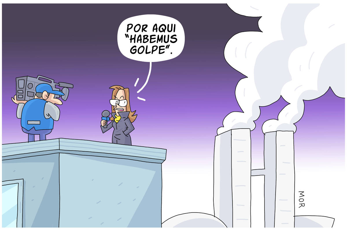 Na charge temos uma repórter e um câmera no alto de um prédio e de fundo podemos ver uma fumaça branca saindo das torres do Congresso Nacional enquanto a repórter diz: "Por aqui "Habemus Golpe"." 