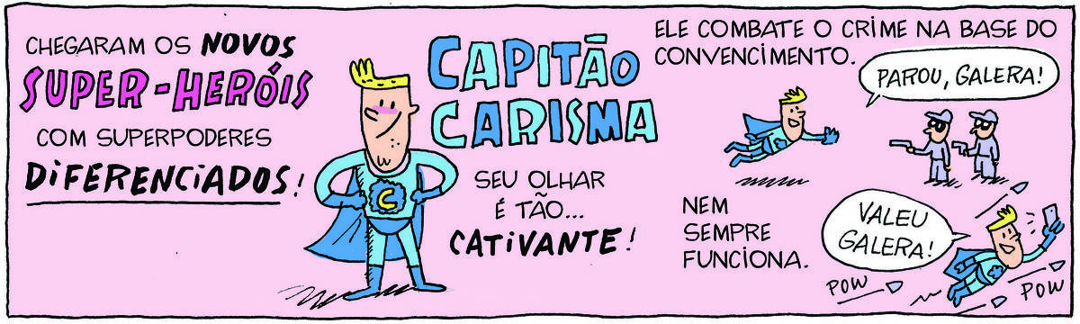 A tirinha Bicudinho, publicada em 09/05/2025, tem o título: Chegaram os novos Super-heróis com superpoderes diferenciados. Ao lado, há um super-herói com uniforme azul, acompanhado pela legenda: Capitão Carisma. Seu olhar é tão cativante! Ao lado, ele chega voando eo lado de dois bandidos e diz: Parou galera! Acima, a legenda: ele combate o crime na base do convencimento. Abaixo, ele sai voando fazendo selfie, ao lado de balas disparadas por armas. Ao lado, a legenda: Nem sempre funciona.