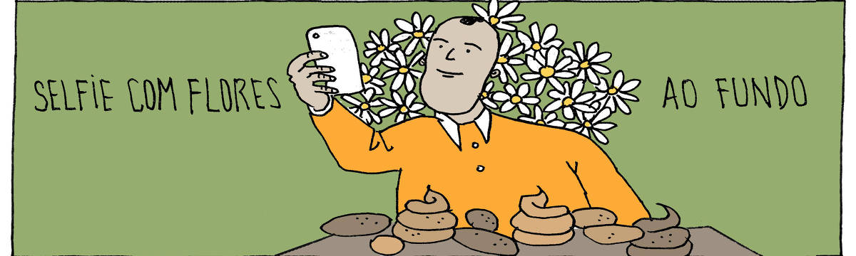 A tira de André Dahmer, publicada em 09.05.2025, tem apenas um quadro. Intitulado "Selfie com flores ao fundo", mostra um homem se autorretratando com um telefone. Ao fundo, margaridas. À frente dele, fezes de diferentes tamanhos e formatos.