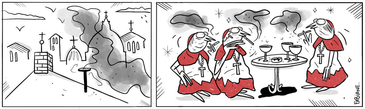 A tira Viver Dói, de Fabiane Langona, publicada em 09/05/25 é composta por dois quadros horizontais composta apenas por ilustrações, sem texto. O primeiro, mostra, ao fundo, diversas torres de igrejas, dando a entender que trata-se de Roma, mais precisamente do Estado do Vaticano. Em um dos telhados,  há uma chaminé emitindo uma fumaça preta indicando que os cardeais estão discutindo sobre a escolha do novo Papa. No quadro seguinte, vemos três cardeais vestidos com suas roupas características em volta de uma mesa, cada um fumando um cigarro que emite uma fumaça preta exatamente como a do quadro anterior, dando a entender que a fumaça da chaminé é proveniente do produto fumígeno tragado pelos religiosos. Sobre a mesa, vemos três taças de vinho e um cinzeiro. 
