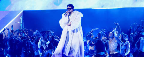 Bad Bunny performs during the iHeartRadio Music Awards at Dolby Theatre in Los Angeles, California, U.S., March 17, 2025. REUTERS/Mario Anzuoni ORG XMIT: LIVE
