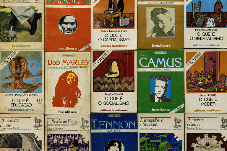 A imagem apresenta uma colagem de capas de livros da editora Brasiliense. As capas são de diferentes cores e estilos, com títulos como 'O que é Educação', 'O que é o Capitalismo', 'O que é o Socialismo', e 'O que é o Poder'. Algumas capas incluem ilustrações de figuras conhecidas, como Bob Marley e Albert Camus. A disposição é organizada em uma grade, mostrando a diversidade dos temas abordados.