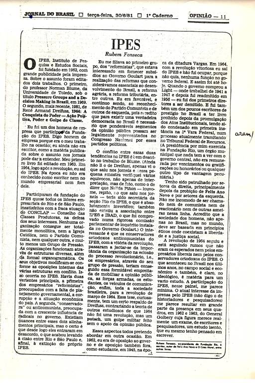 Texto do escritor no Jornal do Brasil, em 1981, no qual explica sua participação no Ipês e diz que pertencia a ala democrática da entidade