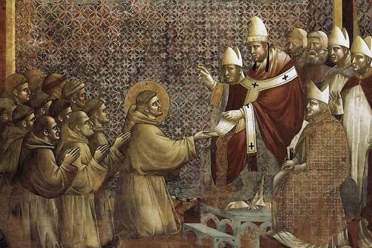A imagem retrata uma cena religiosa com um papa em trajes cerimoniais, sentado em um trono, entregando um documento a um santo, que está ajoelhado à sua frente. Ao redor, há outros homens, possivelmente clérigos ou santos, que observam a cena com expressões de reverência. O fundo é decorado com um padrão intrincado, e a paleta de cores é predominantemente terrosa, com detalhes em dourado.