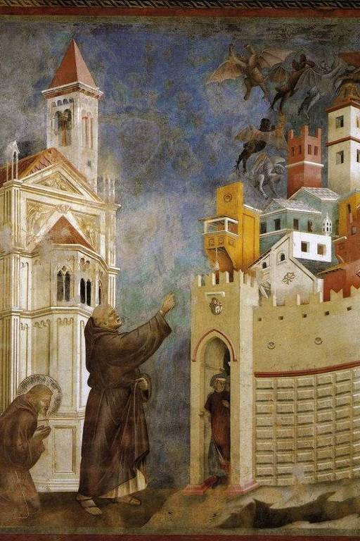 A imagem apresenta um fresco que retrata uma cena religiosa. À esquerda, há uma igreja com uma torre e um telhado pontudo. À direita, uma cidade com casas coloridas, algumas com telhados em diferentes formatos. Um santo, vestido com um manto, está em primeiro plano, apontando para a cidade. Abaixo, duas figuras estão ajoelhadas, observando a cena. O fundo é decorado com nuvens e figuras aladas.