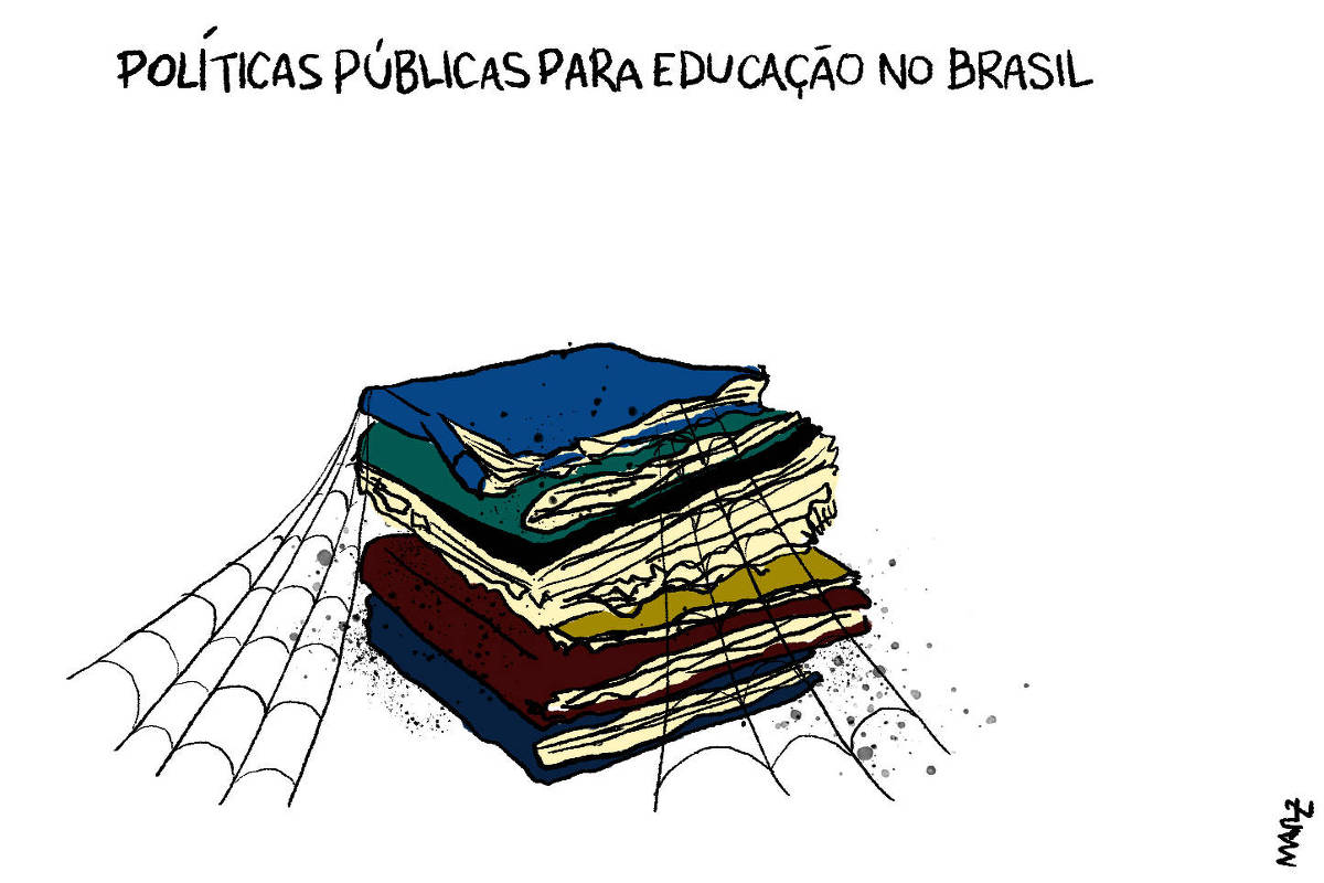 Charge de Marília Marz mostra uma pilha de livros com teais de aranha. Os livros são de diferentes cores, sendo um azul na parte superior. Acima da pilha, está escrito 'POLÍTICAS PÚBLICAS PARA EDUCAÇÃO NO BRASIL' em letras pretas.
