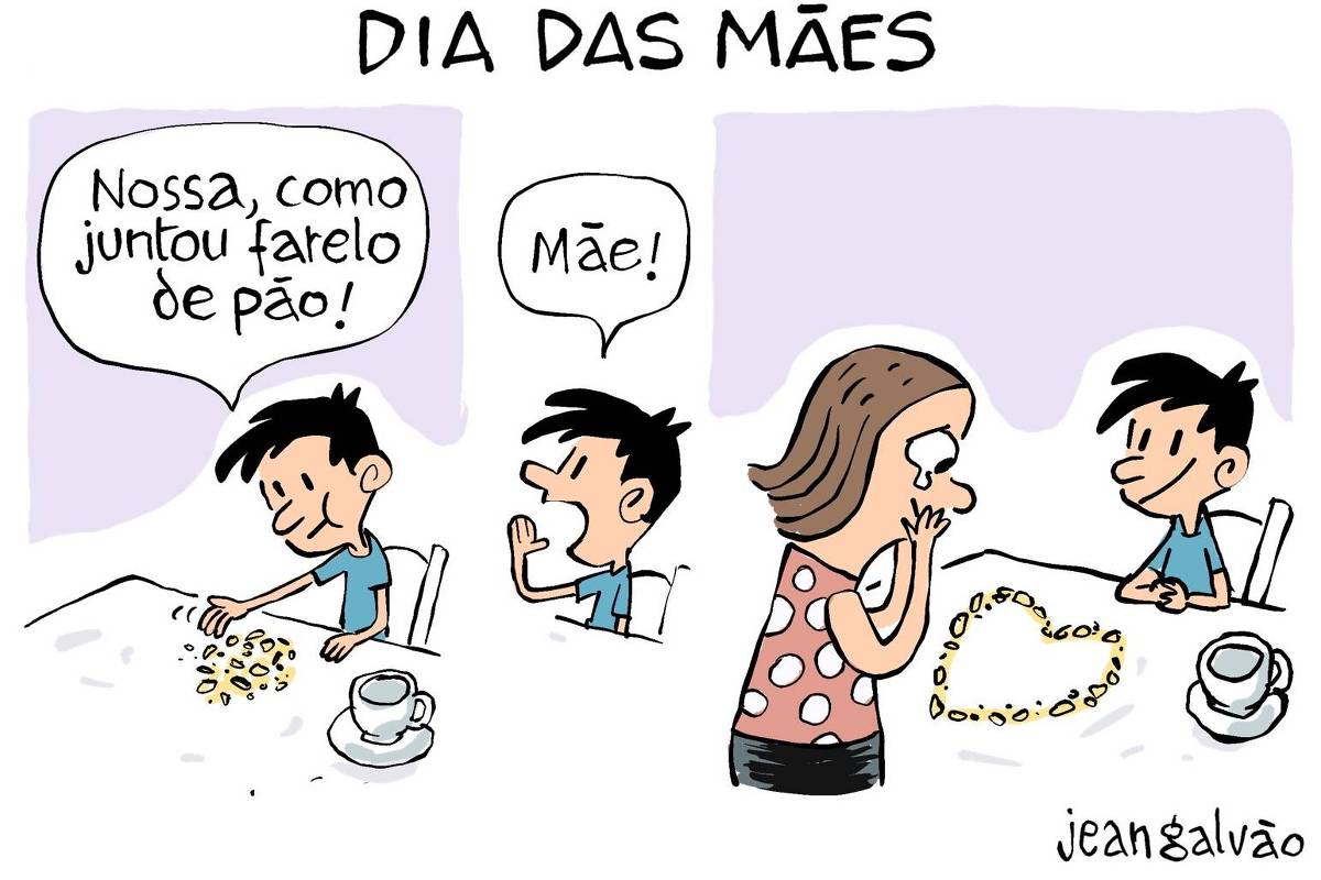 Charge de Jean Galvão com o título DIA DAS MÃES divide-se em três quadros. No primeiro, um garoto de camiseta azul está sentado à mesa. Ele junta cuidadosamente pequenos farelos de pão com as mãos e diz: “Nossa, como juntou farelo de pão!”. No segundo, o garoto olha para o lado e chama: “Mãe!”. NO terceiro, a mãe aparece ao lado da mesa, usando uma blusa vermelha com bolinhas brancas. Ela está emocionada, com os olhos cheios de lágrimas e as mãos cobrindo a boca. Na mesa, os farelos de pão foram organizados pelo garoto em forma de coração. 