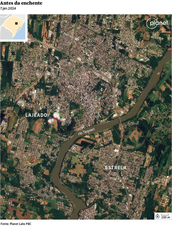 A imagem de satélite mostra a área urbana de Lajeado e Estrela, com o rio Taquari passando entre as duas cidades. A imagem é datada de 7 de janeiro de 2024 e apresenta detalhes da vegetação e da urbanização na região. O título "Antes da enchente" sugere que a imagem foi capturada antes de um evento de inundação. No canto superior esquerdo, há um pequeno mapa de localização.