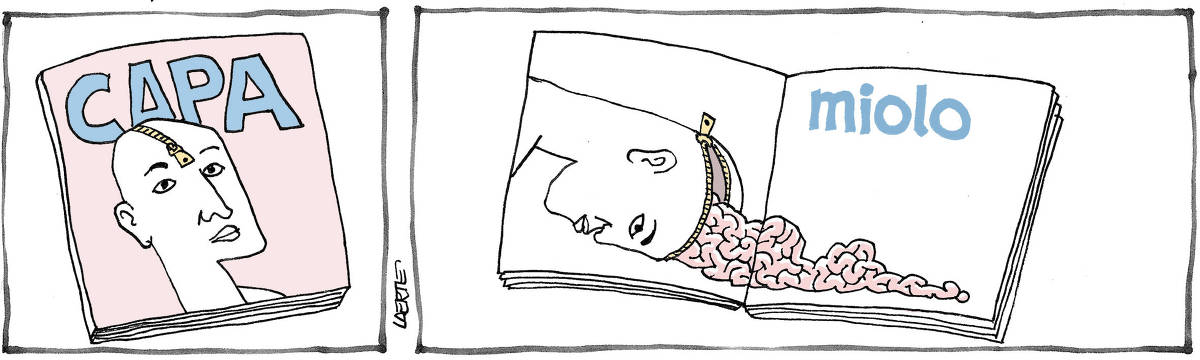 Tira de Laerte em 2 quadrinhos. 1) Capa de uma publicação, que traz a imagem de uma pessoa, em cuja testa há um zíper que começa no alto do nariz e se estende pela cabeça careca. O nome da publicação, que está escrito em grandes letras, é “CAPA”. 2) A publicação, aberta, mostra a imagem da cabeça da pessoa, inclinada, com o zíper puxado até a nuca, e o cérebro se esparramando pra fora. O título da página aberta, em grandes letras, é: “MIOLO”.