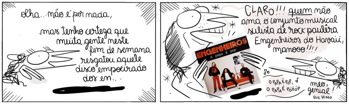 A tira Viver Dói, Fabiane Langona, publicada em 12/05/25 é composta por dois quadros horizontais. No primeiro, vemos uma moça expressiva e sorridente parcialmente escondida atrás de um balcão.  Ela começa a falar, olhando na direção do leitor fazendo um comentário em relacionado ao evento eclesiástico do momento, ou seja, a eleição do novo pontífice da igreja católica criando uma conexão com  um certo LP resgatado ao longo do fim de semana. No segundo quadro, surge outro personagem, um rapaz entusiasmado e emocionadíssimo segurando um disco da banda Engenheiros do Hawaii, intitulado “O Papa é Pop”. A moça segue atrás do balcão. Sua expressão sugere algo como “eu avisei”.  No quadrinho 1, a moça diz: “Olha... não é por nada, mas tenho certeza que muita gente neste fim de semana resgatou aquele disco empoeirado dos en…”.  No quadrinho 2, o rapaz diz: “CLARO!!! quem não ama o conjunto musical sulista de rock paulêra Engenheiros do Hawaii, mano!!!//  “O papa é pop, O papa é pop..”/ Meu, genial! Que hino!”.