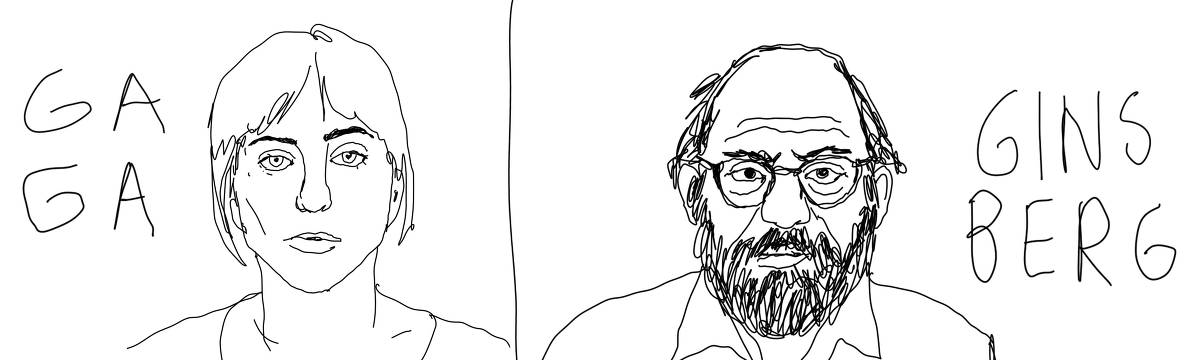 A tirinha em preto e branco de Estela May, publicada em 12/05/25, traz um desenho da Lady Gaga, com “GAGA” escrito à esquerda. Ao lado, um desenho de Allen Ginsberg, com “GINSBERG” escrito à direita.