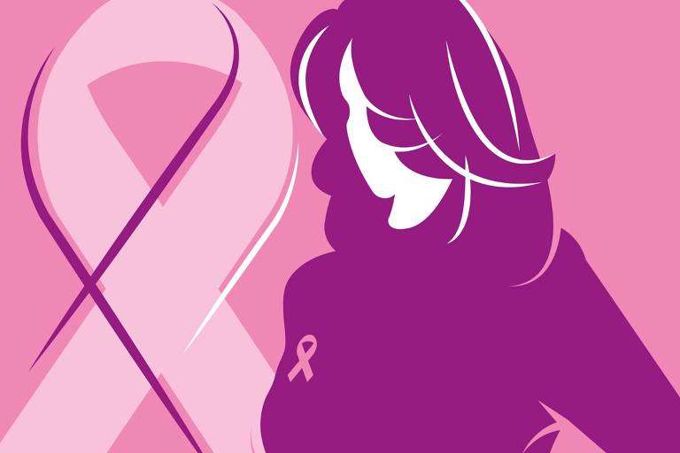 A imagem apresenta uma silhueta feminina em tons de roxo, com cabelo longo e solto, voltada para a direita. Ao fundo, há um laço rosa, símbolo da conscientização sobre o câncer de mama. A composição é predominantemente em tons de rosa e roxo, transmitindo uma mensagem de apoio e solidariedade.