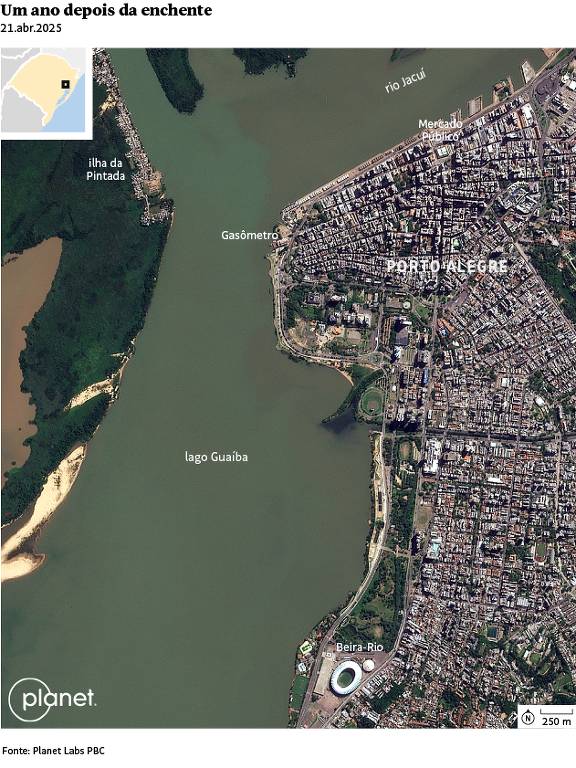 Imagem original     Imagem de um mapa aéreo de Porto Alegre, mostrando a cidade e suas áreas adjacentes. A legenda indica que é um ano após uma enchente, datada de 21 de abril de 2025. O mapa inclui detalhes como a Ilha das Pedras Brancas e o Lago Guaíba, além de áreas urbanas e vegetação ao redor. A escala do mapa é de 250 metros.zoom Legenda: atualizado: DELTA Chuvas RS - Porto Alegre DEPOIS Descrição para acessibilidade: Imagem de um mapa aéreo de Porto Alegre, mostrando a cidade e suas áreas adjacentes. A legenda indica que é um ano após uma enchente, datada de 21 de abril de 2025. O mapa inclui detalhes como a Ilha das Pedras Brancas e o Lago Guaíba, além de áreas urbanas e vegetação ao redor