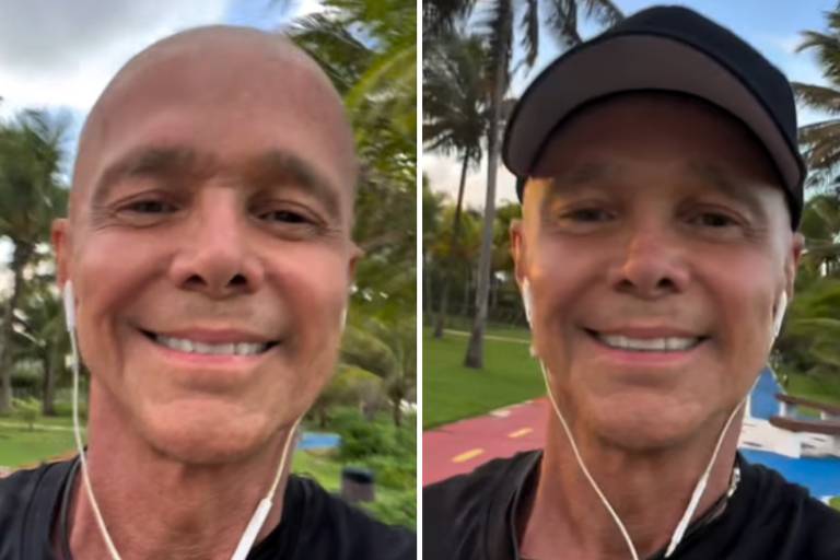 A imagem mostra um homem sorrindo em um ambiente externo, com palmeiras ao fundo. Ele está usando uma camiseta preta e fones de ouvido. O homem aparece em duas fotos lado a lado, uma com a cabeça descoberta e outra usando um boné preto. Em uma das fotos, ele também usa um colar com um crucifixo.