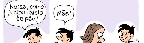 Charge publicada na Folha de S.Paulo de 11 de maio de 2025 - A charge é composta por uma única cena dividida em três quadros. 1- Um garoto de camiseta azul está sentado à mesa. Ele junta cuidadosamente pequenos farelos de pão com as mãos e diz: Nossa, como juntou farelo de pão!. 2- O garoto levanta o rosto e chama: Mãe!. 3- A mãe aparece ao lado da mesa, usando uma blusa vermelha com bolinhas brancas. Ela está emocionada, com os olhos cheios de lágrimas e as mãos cobrindo a boca. Na mesa, os farelos de pão foram organizados pelo garoto em forma de coração. (Crédito: Jean Galvão/Folhapress)