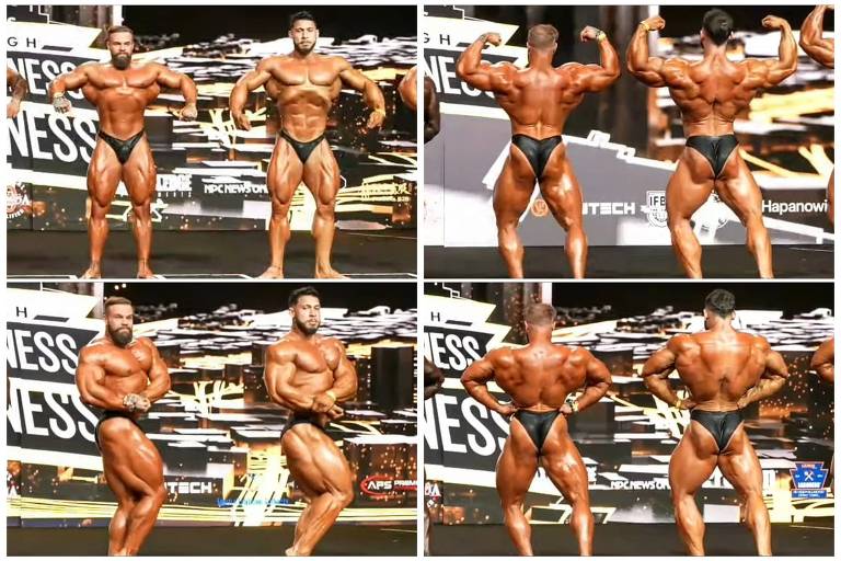 A imagem mostra quatro fotos de fisiculturistas em um palco durante uma competição. As fotos estão dispostas em um formato de grade 2x2. Na parte superior, dois fisiculturistas estão em poses de frente, exibindo seus músculos. Na parte inferior, eles estão em poses de costas, mostrando a definição muscular. O fundo apresenta uma tela com o texto 'Fitness' e outros elementos gráficos.