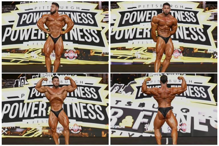 A imagem mostra quatro poses de um fisiculturista em um palco de competição. O atleta exibe músculos bem definidos e está vestido com um traje de competição. Ao fundo, há um grande banner com as palavras 'Pittsburgh Power' e 'Power Fitness'. O ambiente parece ser um evento de fisiculturismo, com iluminação focada no competidor.