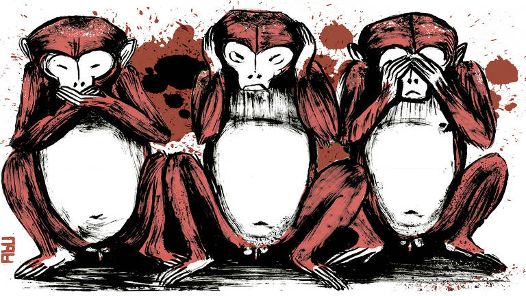Imagem dos três macacos sábios que representam um provérbio japonês que diz: "não veja o mal, não ouça o mal, não fale o mal" aparecem sentados sobre várias rajadas de sangue