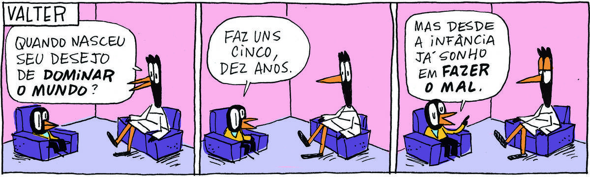 A tirinha VALTER, publicada em 13/05/2025, com 3 quadrinho, traz VALTER, um passarinho com malha e calça sentado em uma poltrona ao lado de DOUTORA GISLAINE, uma ave pernalta com vestido listrado, também sentada em uma poltrona. É uma sessão de terapia. No quadrinho 1, ela pergunta: Quando nasceu seu desejo de dominar o mundo? NO quadrinho 2, ele responde: Faz uns cinco, dez anos. No quadrinho 3, ele arremata: Mas desde a infância já sonho em fazer o mal.