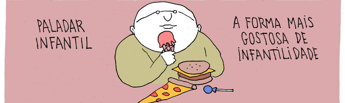 A tira de André Dahmer, publicada em 13.05.2024, tem apenas um quadro. Nele, um homem adulto segura uma casquinha de sorvete. Há na frente dele uma fatia de pizza, um hambúrguer e um pirulito. A legenda Diz: "Paladar infantil: a forma mais gostosa de infantilidade".