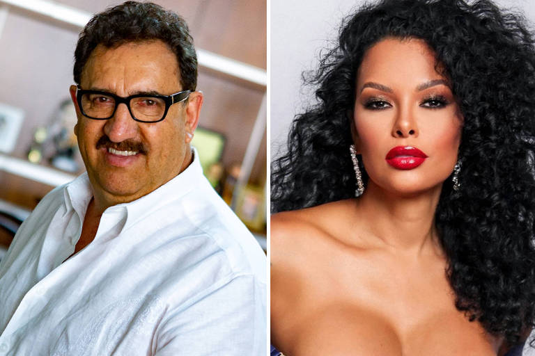 A imagem apresenta duas pessoas em um formato de retrato dividido. À esquerda, um homem com cabelo escuro e bigode, usando óculos e uma camisa branca. À direita, uma mulher com cabelo cacheado e volumoso, usando um vestido azul e batom vermelho. O fundo é desfocado, sugerindo um ambiente interno.