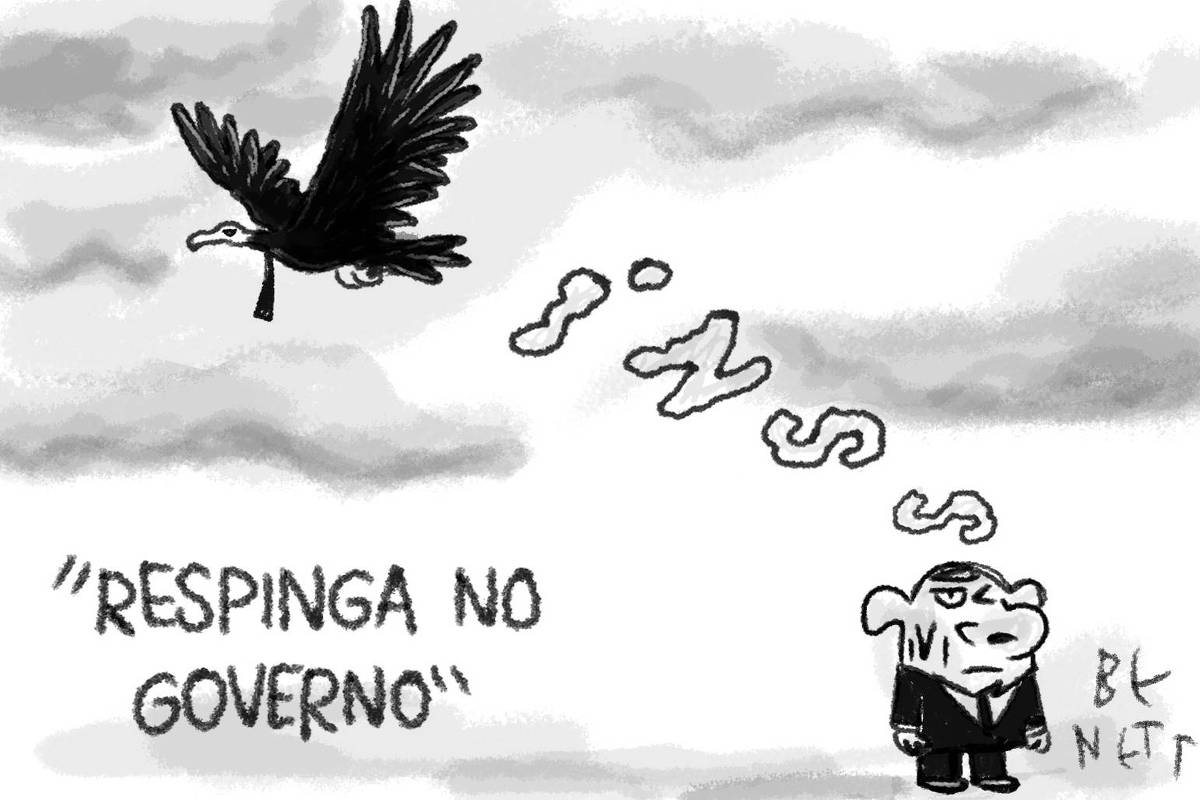 A charge de hoje publicada pela Folha em todas as suas plataformas é de Benett (@cartunistabenett). A imagem mostra um céu nublado com uma grande abutre-rei voando para a esquerda. A ave tem uma gravata no pescoço. Abaixo, à direita, há uma figurade um homem de terno. É o presidente Lula. Ele está olhando para cima, com uma expressão preocupada ou tensa no rosto. Acima de sua cabeça, há dejetos da ave caindo em direção à sua cabeça, que formam a palavra INSS.  No canto inferior esquerdo da imagem, a frase "RESPINGA NO GOVERNO", dita por Fernando Haddad.